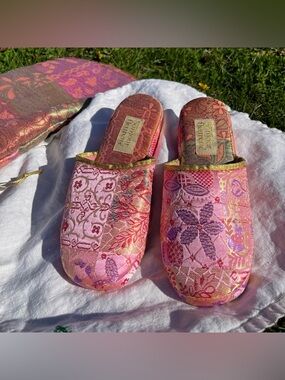 Bonjour Fleurette Satin Boho Patchwork Style Slippers w/ Matching Bag- Small